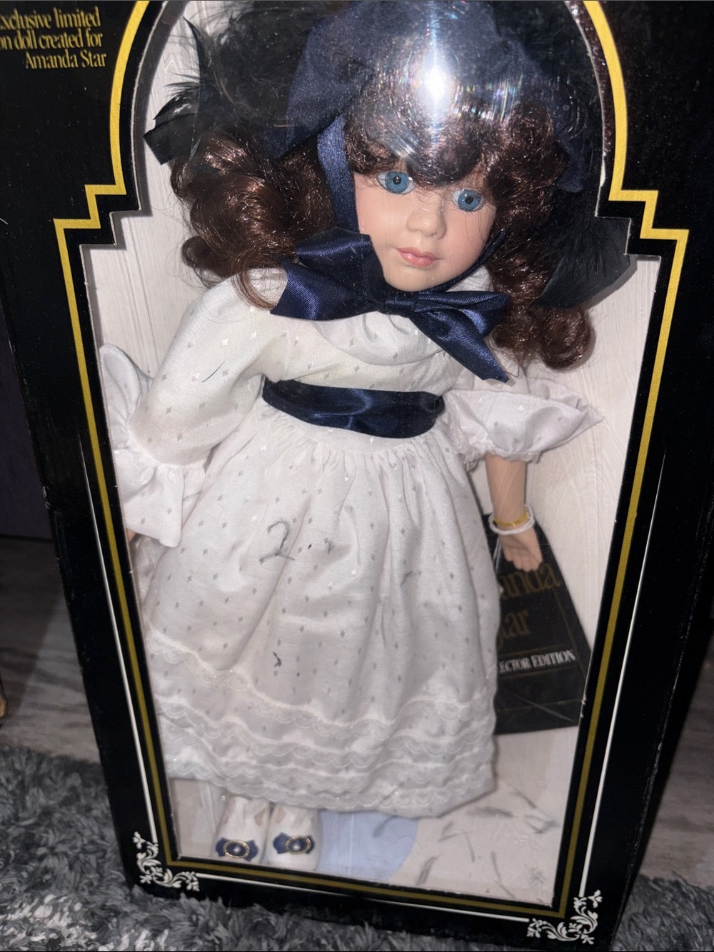 Porcelain Collector Doll with Navy Accents - White Dress
